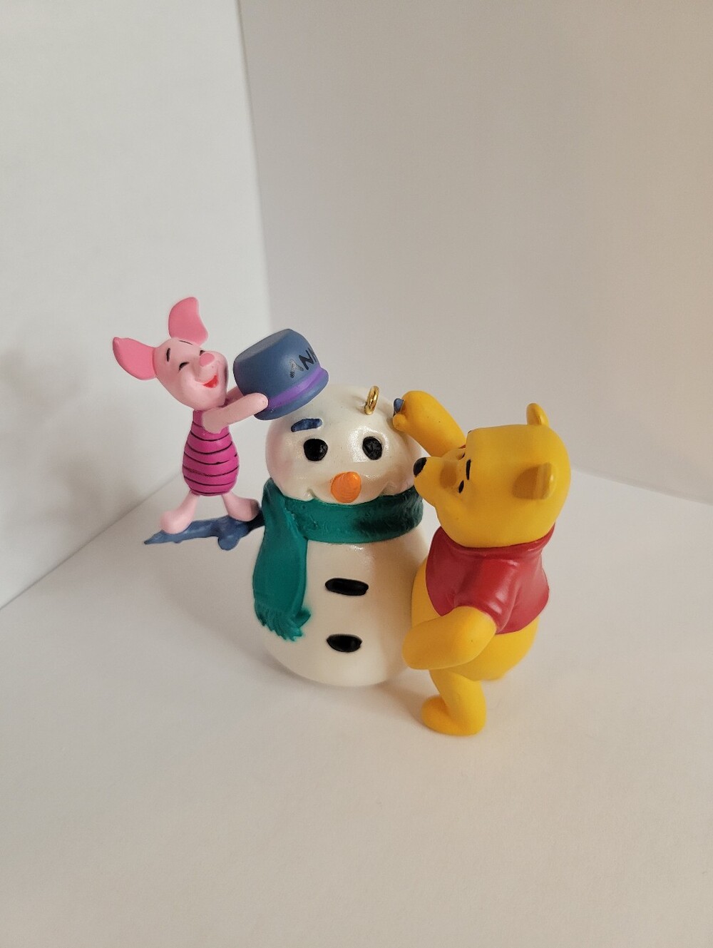 Disney Yellow Winnie the Pooh and Pink Piglet Holiday Ornament with Green Scarf